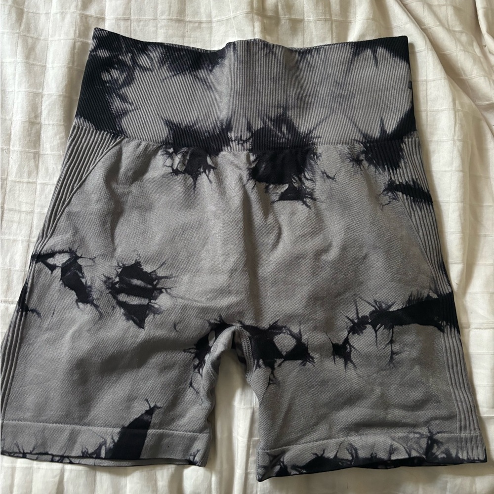 Black and grey tie-dye butt scrunch workout shorts